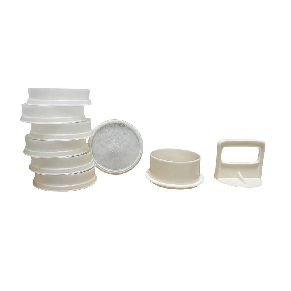 Vintage Tupperware Burger Patty Press Ring 6 Keepers & Lid 9 Pc Set 4.5